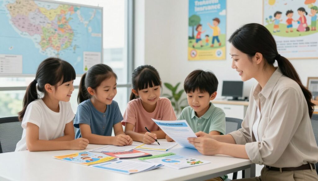 A serene and informative scene depicting travel insurance for children. In the foreground, a happy family of four, dressed in modest casual clothing, is reviewing travel documents with a friendly travel consultant in a well-lit office setting. The middle ground features colorful brochures about travel insurance and health precautions for kids spread out on a sleek table. The background includes a map of Singapore and posters of child-friendly activities in the city, creating an inviting ambiance. Natural light filters through large windows, enhancing the warm atmosphere. The composition should convey a sense of preparation, safety, and adventure, aiming to depict the importance of travel insurance and vaccinations for children embarking on an international journey.