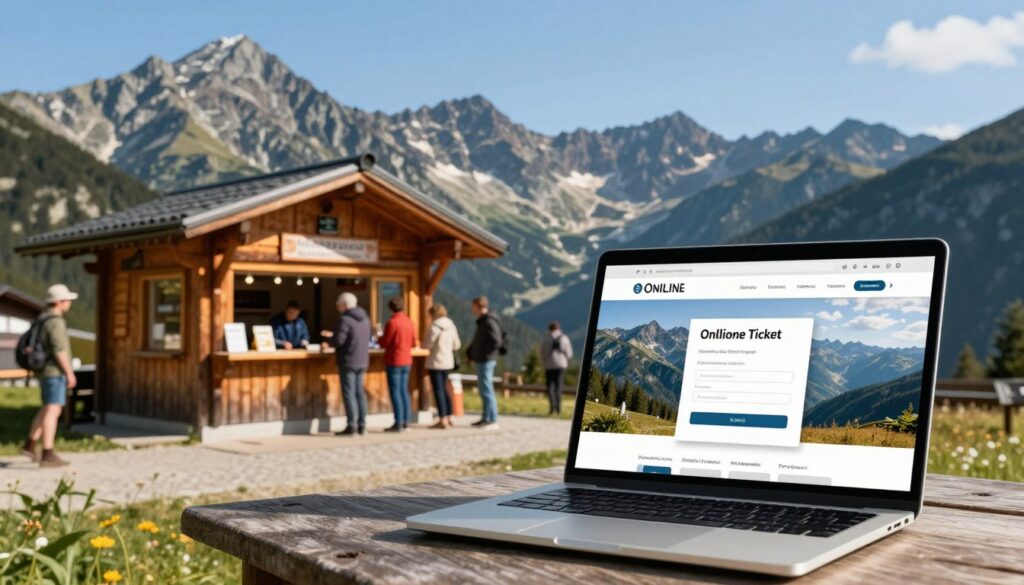 A serene mountain landscape showcasing the majestic Kasprowy Wierch in the Tatra Mountains, under a clear blue sky. In the foreground, an inviting online ticket purchase interface displayed on a sleek laptop, with a scenic view of the mountains visible in the background. The middle ground features a picturesque wooden ticket booth, bustling with visitors dressed in casual outdoor clothing, reflecting the modern yet rustic charm of the area. Soft sunlight illuminates the scene, creating a warm and welcoming atmosphere. The angle captures both the beauty of the mountain scenery and the convenience of online ticketing. The overall mood is uplifting, suggesting excitement and adventure for travelers looking to explore this stunning destination. A serene mountain landscape showcasing the majestic Kasprowy Wierch in the Tatra Mountains, under a clear blue sky. In the foreground, an inviting online ticket purchase interface displayed on a sleek laptop, with a scenic view of the mountains visible in the background. The middle ground features a picturesque wooden ticket booth, bustling with visitors dressed in casual outdoor clothing, reflecting the modern yet rustic charm of the area. Soft sunlight illuminates the scene, creating a warm and welcoming atmosphere. The angle captures both the beauty of the mountain scenery and the convenience of online ticketing. The overall mood is uplifting, suggesting excitement and adventure for travelers looking to explore this stunning destination.