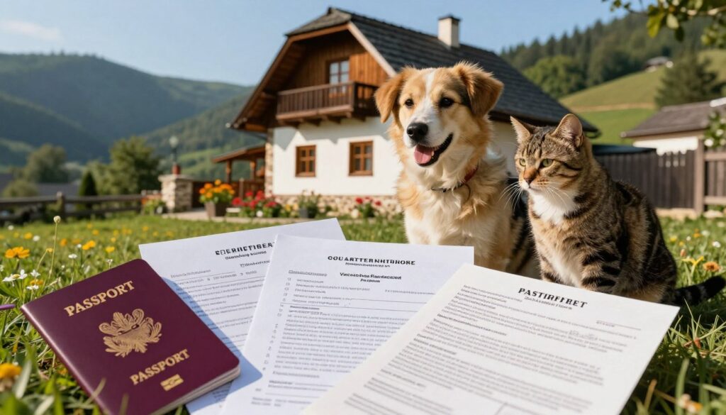 A serene outdoor scene depicting a happy dog and a cat sitting together in front of a quaint Serbian house, showcasing the documents required for pet travel. The foreground features a well-organized pile of pet passports, vaccination records, and travel permits, with the dog curiously examining the papers. In the middle ground, the charming Serbian house has traditional architecture with stone walls and a colorful flower garden. The background presents lush green hills under a clear blue sky, creating a tranquil atmosphere. The lighting is warm and inviting, emphasizing a sense of adventure and safety. The scene is captured from a slight overhead angle to draw attention to the documents while providing a picturesque view of the surroundings. A serene outdoor scene depicting a happy dog and a cat sitting together in front of a quaint Serbian house, showcasing the documents required for pet travel. The foreground features a well-organized pile of pet passports, vaccination records, and travel permits, with the dog curiously examining the papers. In the middle ground, the charming Serbian house has traditional architecture with stone walls and a colorful flower garden. The background presents lush green hills under a clear blue sky, creating a tranquil atmosphere. The lighting is warm and inviting, emphasizing a sense of adventure and safety. The scene is captured from a slight overhead angle to draw attention to the documents while providing a picturesque view of the surroundings.