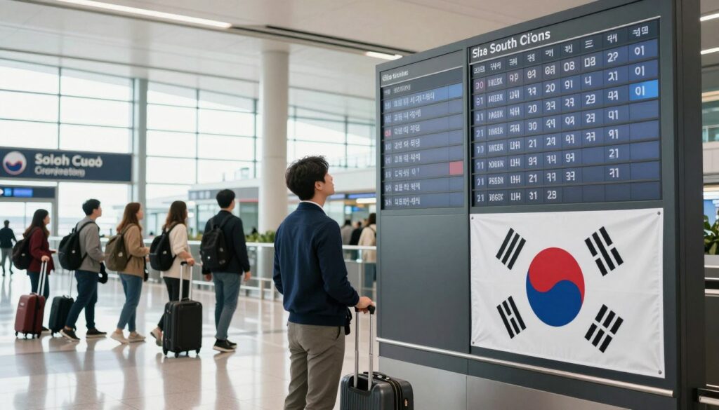 A serene travel scene depicting a Polish citizen at an airport, near the South Korean flag, representing visa-free travel. In the foreground, the individual, dressed in smart casual attire, gazes at a large departure board displaying flights to Korea. The middle ground includes travelers with luggage, and informational signs in both English and Korean. The background showcases a modern airport terminal with sleek architecture, bright natural lighting streaming through large windows. The atmosphere is one of excitement and anticipation, capturing the essence of international travel and cultural exchange, with a focus on ease of access for Polish citizens visiting South Korea. A serene travel scene depicting a Polish citizen at an airport, near the South Korean flag, representing visa-free travel. In the foreground, the individual, dressed in smart casual attire, gazes at a large departure board displaying flights to Korea. The middle ground includes travelers with luggage, and informational signs in both English and Korean. The background showcases a modern airport terminal with sleek architecture, bright natural lighting streaming through large windows. The atmosphere is one of excitement and anticipation, capturing the essence of international travel and cultural exchange, with a focus on ease of access for Polish citizens visiting South Korea.