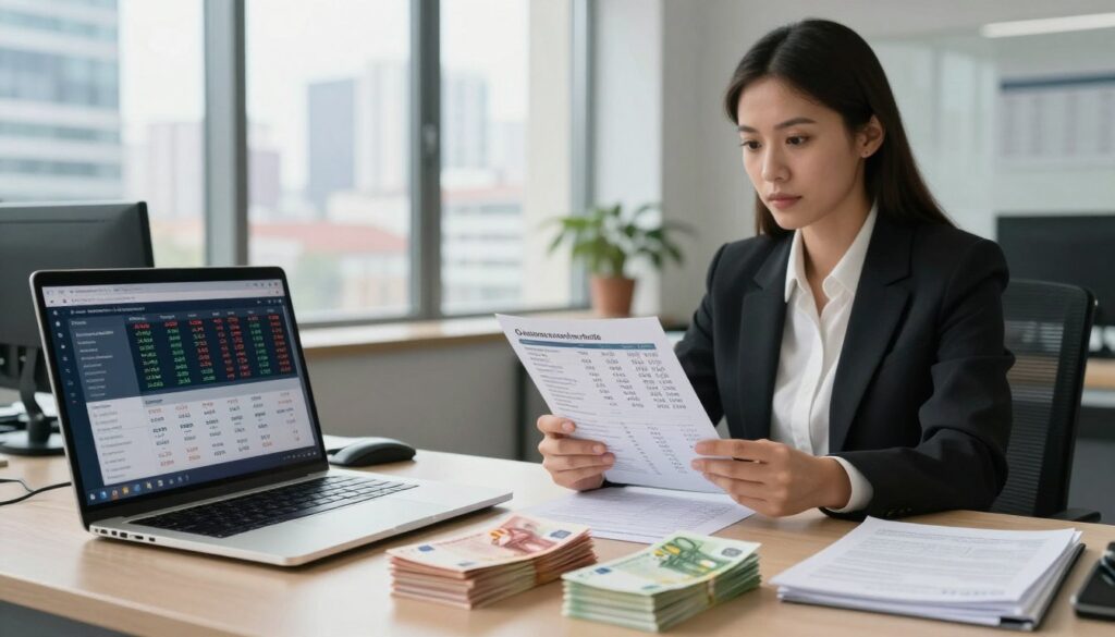 A sophisticated currency exchange scene set in a modern financial office, featuring a well-organized desk displaying exchange rate charts and transaction fees prominently. The foreground includes a laptop showing an online currency converter, stacks of different currencies (including Albanian lek and Euro) neatly arranged. The middle ground shows a professional woman in business attire analyzing a document with exchange rates, her expression focused and thoughtful. In the background, a large window offers a view of a bustling cityscape, with soft, natural lighting illuminating the scene. The atmosphere is serious yet inviting, conveying a sense of professionalism and clarity in financial matters. A sophisticated currency exchange scene set in a modern financial office, featuring a well-organized desk displaying exchange rate charts and transaction fees prominently. The foreground includes a laptop showing an online currency converter, stacks of different currencies (including Albanian lek and Euro) neatly arranged. The middle ground shows a professional woman in business attire analyzing a document with exchange rates, her expression focused and thoughtful. In the background, a large window offers a view of a bustling cityscape, with soft, natural lighting illuminating the scene. The atmosphere is serious yet inviting, conveying a sense of professionalism and clarity in financial matters.