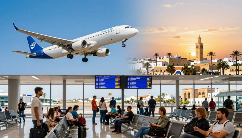 A split-image composition contrasting two travel experiences to Tunisia. In the foreground, depict an airplane in flight, highlighting a direct flight with a clear blue sky and bright sunlight, symbolizing efficiency and ease. In the middle ground, show a view through an airport terminal with travelers waiting at a boarding gate, some looking at flight schedules that indicate connections to Tunisia. In the background, illustrate a picturesque Tunisian landscape, featuring ancient architectural elements and palm trees under a warm sunset sky, creating an inviting atmosphere. The lighting should be bright and vibrant, symbolizing hope and excitement for the journey ahead. Use a wide-angle perspective to capture the bustling travel environment while maintaining focus on the contrasting experiences of direct and connecting flights to Tunisia.