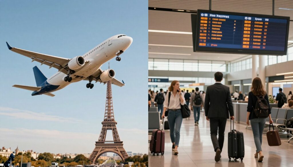 A split image showcasing two contrasting travel experiences. On the left, depict a direct flight to Paris: an airplane soaring high in a clear blue sky, with the iconic Eiffel Tower visible in the distance. The airplane should be modern and sleek, capturing the essence of efficient travel, with sunlight glistening off its wings. On the right, illustrate a journey with a layover: an airport terminal bustling with travelers, with a digital departure board showing multiple connections. Capture the feeling of anticipation and movement, as travelers in professional attire wait or rush to their gates. Use soft, warm lighting to create a welcoming atmosphere, emphasizing the contrast between direct travel ease and the complexity of multiple connections. Keep the composition balanced and visually appealing, without textual elements.