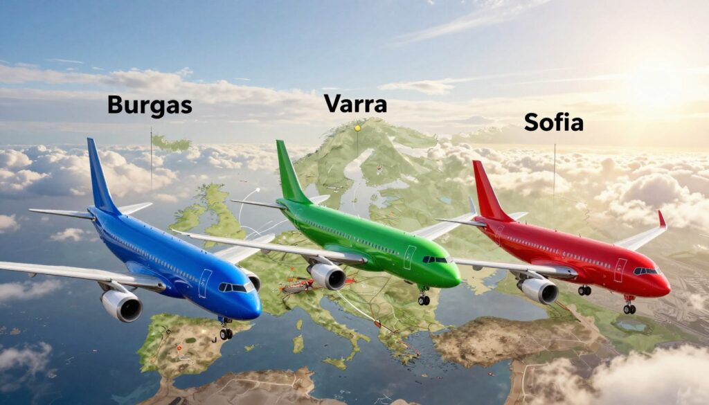 A stunning aerial view illustrating the comparison of flights to Burgas, Varna, and Sofia in Bulgaria. The foreground features three distinct airplanes taking off, each representing a different route with subtle color coding: a shiny blue plane for Burgas, a vibrant green for Varna, and a sleek red for Sofia. In the middle ground, a detailed map of Bulgaria highlights these cities with connecting flight paths. The background showcases a clear sky with soft, fluffy clouds and the sun casting a warm glow, adding an optimistic atmosphere. Use a wide-angle lens to capture the expansive view, ensuring clarity and vivid colors to enhance the visual appeal, suitable for an informative article section.