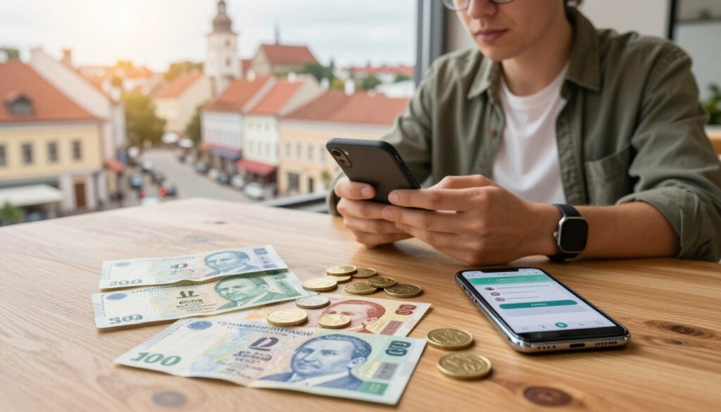 A travel scene depicting various currencies and payment methods relevant to Lithuania. In the foreground, an assortment of Lithuanian litas, euro coins, and banknotes is arranged neatly on a wooden table beside a modern smartphone displaying a digital wallet app. The middle ground features a traveler, dressed in casual yet professional attire, reviewing currency exchange options with a look of curiosity. In the background, a picturesque view of a Lithuanian cityscape is visible, highlighting historic architecture and vibrant streets. Soft, warm lighting enhances the inviting atmosphere, with a slight lens flare adding a dreamy quality. The angle captures the scene from a slight overhead perspective to create depth and engagement. A travel scene depicting various currencies and payment methods relevant to Lithuania. In the foreground, an assortment of Lithuanian litas, euro coins, and banknotes is arranged neatly on a wooden table beside a modern smartphone displaying a digital wallet app. The middle ground features a traveler, dressed in casual yet professional attire, reviewing currency exchange options with a look of curiosity. In the background, a picturesque view of a Lithuanian cityscape is visible, highlighting historic architecture and vibrant streets. Soft, warm lighting enhances the inviting atmosphere, with a slight lens flare adding a dreamy quality. The angle captures the scene from a slight overhead perspective to create depth and engagement.