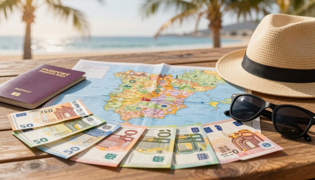 A variety of euros neatly arranged on a wooden table, with travel essentials such as a passport, a sun hat, and sunglasses in the foreground. In the middle, a map of Spain is sprawled out, highlighting popular tourist destinations. The background features a warm, inviting beach scene, with palm trees swaying gently in the breeze. Soft golden sunlight casts gentle shadows, creating a relaxed atmosphere that evokes the excitement of a vacation. The perspective is a slightly angled overhead view, capturing all elements clearly and inviting the viewer to imagine planning their trip. The image should convey a sense of adventure and preparation, emphasizing the importance of managing money before traveling to Spain.