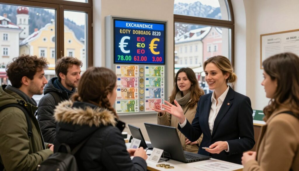 A vibrant and bustling currency exchange office in Austria, with a clear focus on the exchange of Polish złoty to euro. In the foreground, a friendly bank clerk in professional attire is assisting a diverse group of travelers, who are excitedly discussing their plans. The middle ground features a large display of currency rates, with złoty and euro symbols prominently displayed, surrounded by colorful banknotes and coins. The background shows a window with a view of a picturesque Austrian street, adorned with charming architecture and winter scenery. Soft, warm lighting creates an inviting atmosphere, while a medium-angle shot captures the dynamic interaction and details of the exchange process.