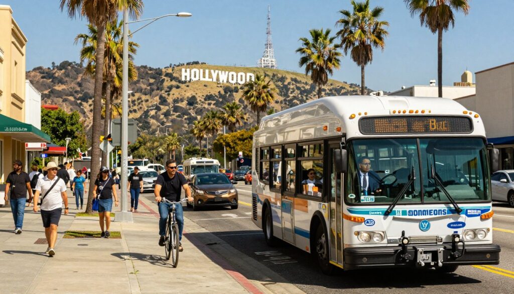 A vibrant and detailed urban scene capturing the essence of Los Angeles transportation planning. In the foreground, show a modern bus and a ride-sharing vehicle with drivers in professional attire guiding passengers. The middle ground features a busy street with cyclists, pedestrians, and well-maintained sidewalks, showcasing diverse people moving efficiently. For the background, depict iconic landmarks like the Hollywood sign and palm trees framed against a bright blue sky. The lighting should be warm and sunny, suggesting a pleasant day in the city. Use a wide-angle lens perspective to create a dynamic view of the bustling city atmosphere, emphasizing the mobility options for tourists. Overall, the mood should be energetic and inviting, reflecting the accessibility and vibrancy of Los Angeles.