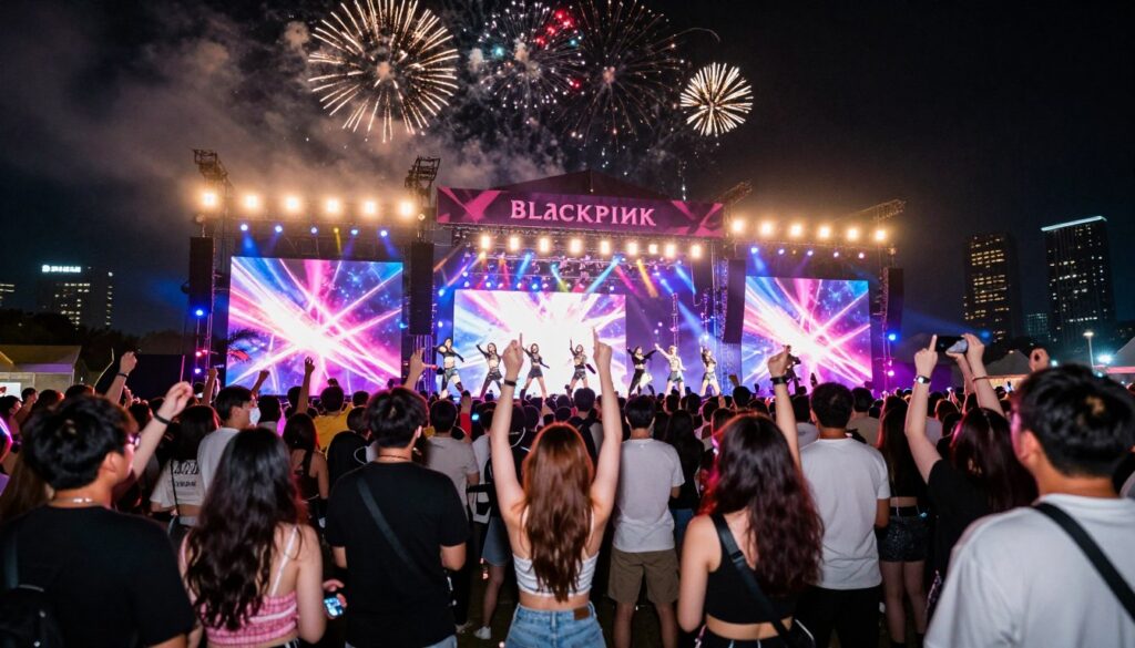 A vibrant and dynamic scene capturing the excitement of a global concert tour, focusing on a large audience at a music festival. In the foreground, a diverse group of concertgoers, dressed in stylish casual clothing, energetically enjoying the performance, their faces illuminated by colorful stage lights. In the middle ground, a massive stage featuring captivating visual effects and a large banner showcasing "Blackpink" prominently, with dancers performing electrifying choreography. The background displays a night sky filled with bright fireworks and illuminated city skyline, enhancing the festive atmosphere. The image should convey a sense of energy and enthusiasm, emphasizing the allure and popularity of world tours, with a slightly blurred depth of field to focus on the concert experience. A vibrant and dynamic scene capturing the excitement of a global concert tour, focusing on a large audience at a music festival. In the foreground, a diverse group of concertgoers, dressed in stylish casual clothing, energetically enjoying the performance, their faces illuminated by colorful stage lights. In the middle ground, a massive stage featuring captivating visual effects and a large banner showcasing "Blackpink" prominently, with dancers performing electrifying choreography. The background displays a night sky filled with bright fireworks and illuminated city skyline, enhancing the festive atmosphere. The image should convey a sense of energy and enthusiasm, emphasizing the allure and popularity of world tours, with a slightly blurred depth of field to focus on the concert experience.