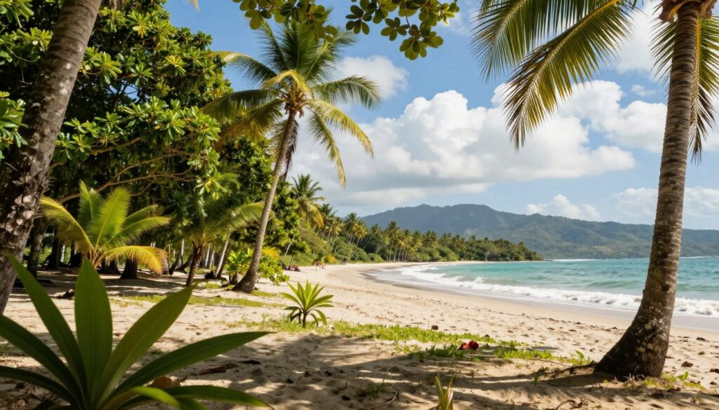 A vibrant and inviting tropical scene capturing the climate of Panama, showcasing lush green rainforests with diverse flora and fauna in the foreground. In the middle ground, a serene beach with soft white sand and gentle waves lapping at the shore, bordered by palm trees swaying in a light breeze. The background features distant mountains under a bright blue sky, scattered with fluffy white clouds, indicative of a sunny day. The lighting is warm and cheerful, evoking a sense of adventure and relaxation, with sunlight filtering through the trees, casting playful shadows. The atmosphere is tranquil and inviting, perfect for travel enthusiasts exploring the best times to visit Panama's stunning landscapes. A vibrant and inviting tropical scene capturing the climate of Panama, showcasing lush green rainforests with diverse flora and fauna in the foreground. In the middle ground, a serene beach with soft white sand and gentle waves lapping at the shore, bordered by palm trees swaying in a light breeze. The background features distant mountains under a bright blue sky, scattered with fluffy white clouds, indicative of a sunny day. The lighting is warm and cheerful, evoking a sense of adventure and relaxation, with sunlight filtering through the trees, casting playful shadows. The atmosphere is tranquil and inviting, perfect for travel enthusiasts exploring the best times to visit Panama's stunning landscapes.
