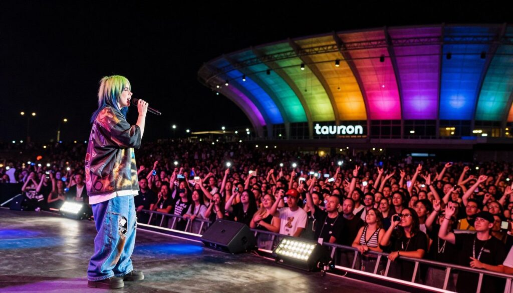 A vibrant concert scene featuring Billie Eilish performing at the Tauron Arena in Kraków. In the foreground, a dynamic stage with colorful lighting displays, highlighting Billie in a stylish ensemble, expressing emotion as she sings into a microphone. The middle ground captures an enthusiastic crowd, their faces illuminated by lights, reflecting excitement and engagement. The background showcases the modern architecture of the Tauron Arena, dressed in vibrant colors to enhance the concert atmosphere. The overall mood is electric and celebratory, with playful lighting creating a sense of movement. The scene is captured from an angle that emphasizes the scale of the venue and the energy of the performance, with bright stage lights creating a dramatic effect against the darkened audience.