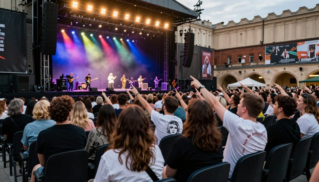 A vibrant concert scene in Krakow showcasing the best seating areas for a Billie Eilish concert. In the foreground, a small group of excited fans dressed in casual apparel with enthusiastic expressions, pointing towards the stage. The middle ground features a dynamic stage setup with colorful lights illuminating the area, while musicians are preparing to perform. In the background, a historic venue architecture typical of Krakow, subtly blended with concert-related elements like banners or billboards promoting the event. Warm, dramatic lighting enhances the atmosphere, creating a lively excitement. The angle is slightly elevated, capturing both the audience's anticipation and the stunning stage design, immersing viewers in the concert experience.