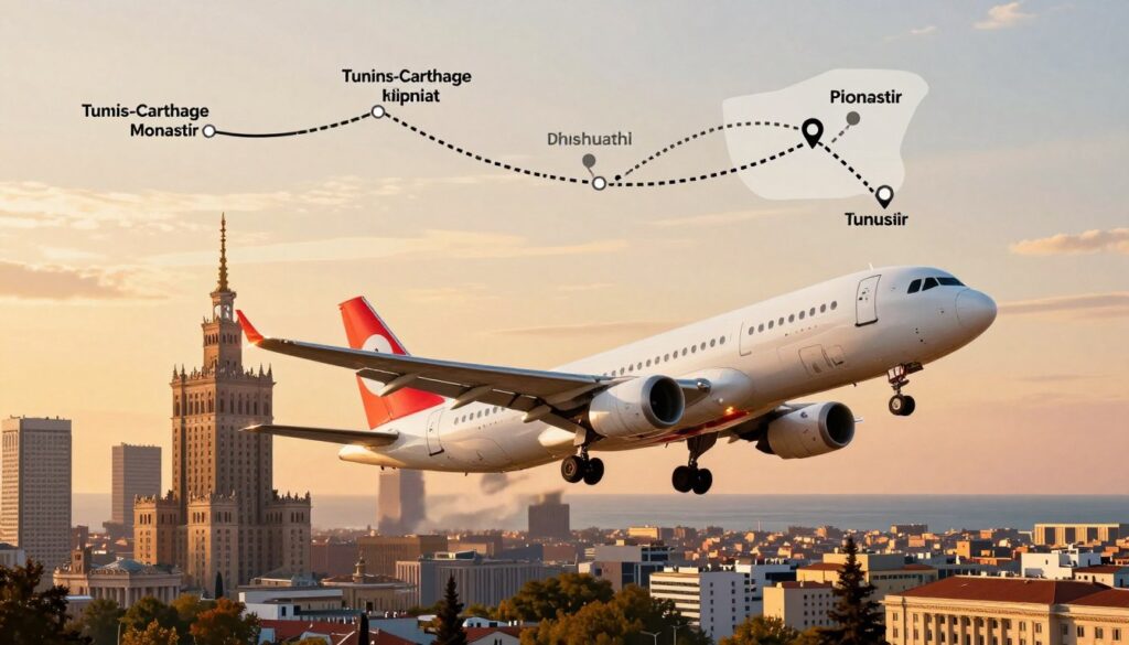 A vibrant illustration depicting the journey from Warsaw, Poland to the popular airports in Tunisia. In the foreground, an airplane is taking off with a clear view of the city skyline of Warsaw behind it, showcasing its iconic buildings. In the middle ground, a map-like design outlines the flight path toward Tunisia, which includes dotted lines and markers for key airports such as Tunis-Carthage and Monastir. The background features a beautiful sunset over the Mediterranean Sea, casting a warm, inviting glow. The atmosphere conveys excitement and adventure, hinting at a travel experience. The lighting should be soft and warm, highlighting the airplane with a slight lens flare effect to evoke a sense of motion and freedom.