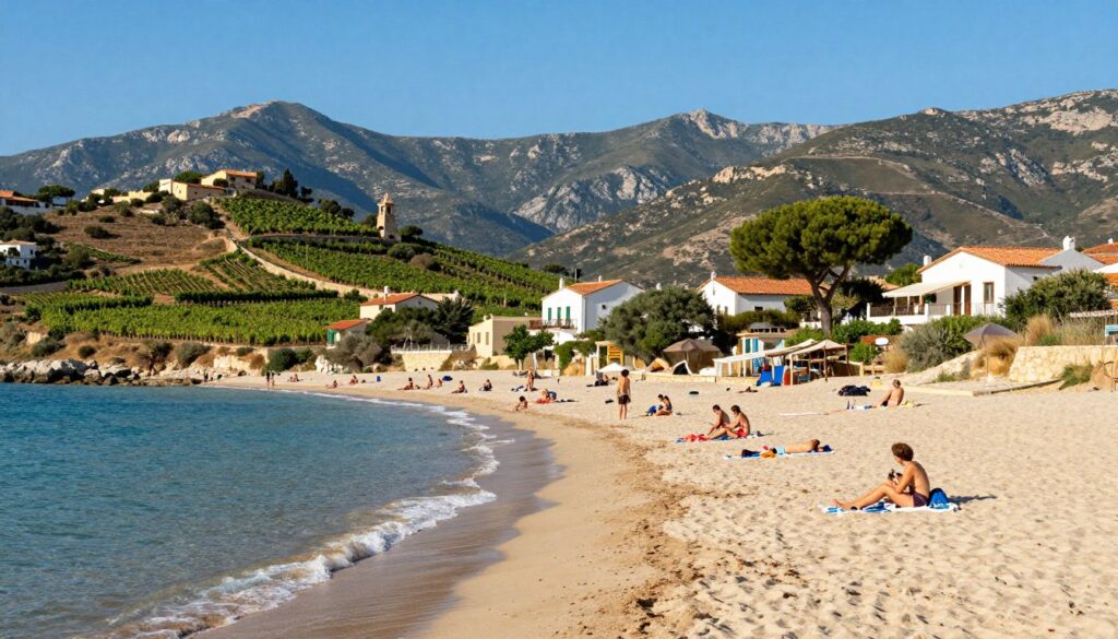A vibrant landscape of Sicily during a sunny summer day, showcasing the clear blue skies and golden sunlight casting warm shadows. In the foreground, a serene beach with soft, white sand and gentle waves lapping at the shore, dotted with sunbathers in modest beach attire. The middle ground features lush green hills and a vineyard, reflecting Sicily's rich agricultural lifestyle. Picturesque white houses with terracotta roofs are nestled among the hills. In the background, majestic mountains rise, enhancing the beauty of the scene. The image captures a relaxed holiday atmosphere with people enjoying the beach, creating a sense of tranquility and joy. Soft, natural lighting enhances the warm colors, evoking a perfect vacation mood in Sicily's inviting climate.