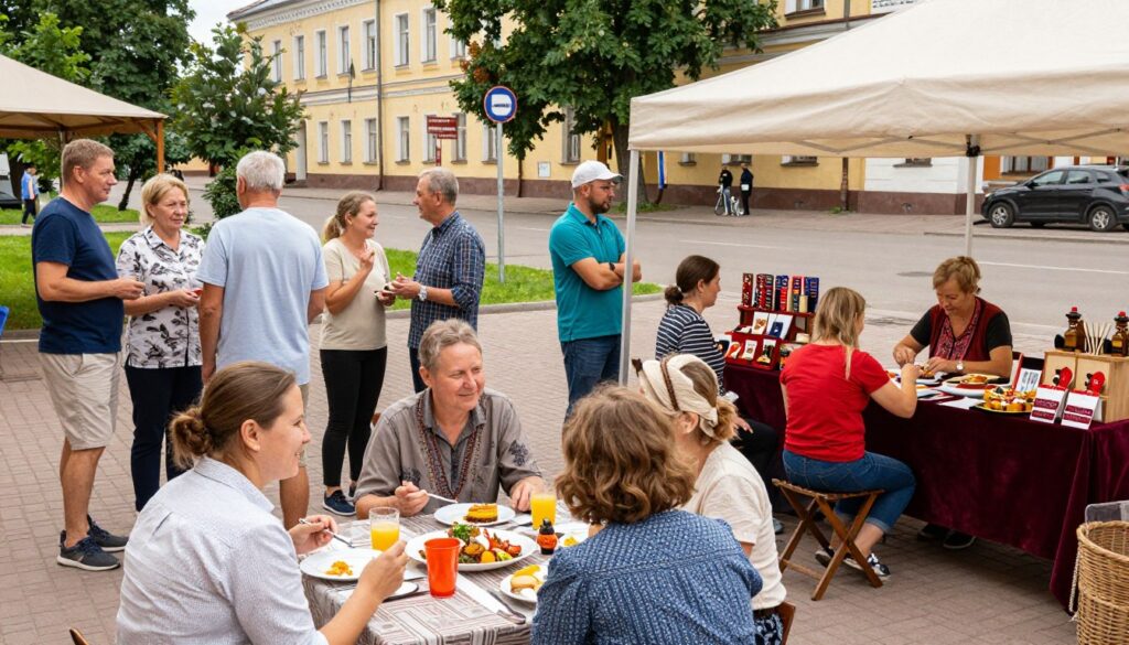 A vibrant scene depicting the society of the Kaliningrad Oblast, showcasing a diverse group of residents engaged in daily activities. In the foreground, a cheerful family is enjoying a traditional meal outdoors, dressed in modest casual clothing. Nearby, a market stall displays local crafts and products, with artisans at work, showcasing their skills. In the middle ground, groups of people of different ages and backgrounds are having animated conversations, illustrating the community spirit. The background features historic Kaliningrad architecture, with greenery and street scenes highlighting a blend of cultures. Warm, natural lighting creates an inviting atmosphere, captured from a slightly elevated angle to provide a comprehensive view of this lively and inclusive setting. A vibrant scene depicting the society of the Kaliningrad Oblast, showcasing a diverse group of residents engaged in daily activities. In the foreground, a cheerful family is enjoying a traditional meal outdoors, dressed in modest casual clothing. Nearby, a market stall displays local crafts and products, with artisans at work, showcasing their skills. In the middle ground, groups of people of different ages and backgrounds are having animated conversations, illustrating the community spirit. The background features historic Kaliningrad architecture, with greenery and street scenes highlighting a blend of cultures. Warm, natural lighting creates an inviting atmosphere, captured from a slightly elevated angle to provide a comprehensive view of this lively and inclusive setting.