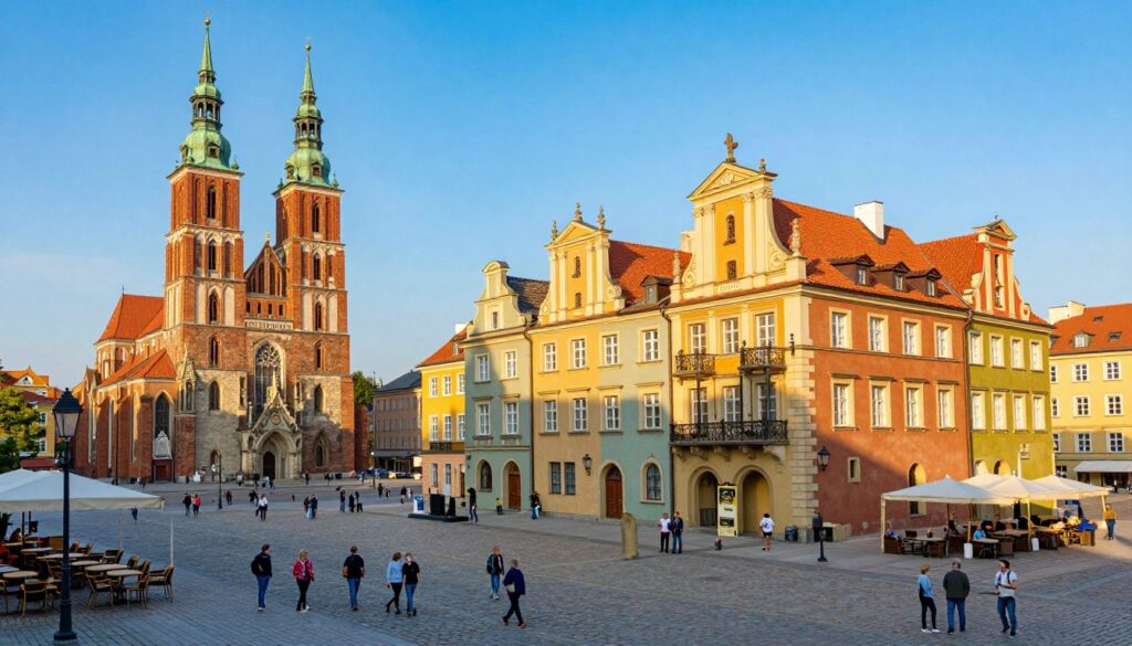 A vibrant scene of the historical center of Poznań, capturing its most important attractions. In the foreground, the iconic Renaissance-style Town Hall adorned with colorful facades and ornate details. To the left, the picturesque St. Peter and Paul Cathedral stands majestically, showcasing its impressive towers. In the middle ground, people in modest casual clothing stroll through the bustling square, enjoying cafes and street performances. The background features charming cobblestone streets and vibrant buildings under a clear blue sky. Warm late afternoon sunlight bathes the scene, creating a lively and inviting atmosphere. The angle is slightly elevated, providing a panoramic view of this beautiful urban landscape, filled with life and cultural heritage.