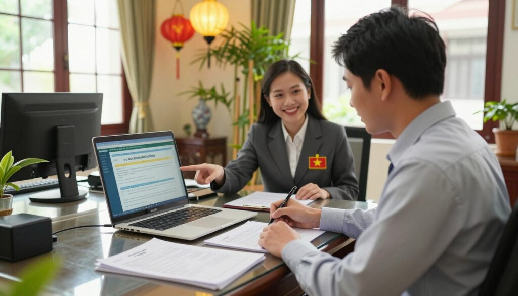 A vibrant scene showcasing a Vietnamese government office where a person is seated at a sleek desk, filling out an e-visa application on a modern laptop. The foreground features documents like the visa application and a passport, neatly arranged. In the middle ground, a friendly official in professional attire assists the applicant, pointing at computer screen instructions. The background reveals traditional Vietnamese elements, such as decorative lanterns and bamboo plants, creating an inviting atmosphere. Bright natural light floods the room through large windows, casting soft shadows. The mood is professional yet warm, emphasizing the ease of obtaining a long-term e-visa for Vietnam. The image is captured with an inviting angle, focusing on the interaction between the applicant and the official.
