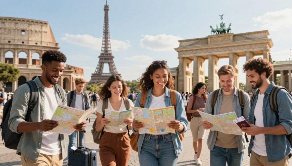 A vibrant scene showcasing the concept of visa-free travel within the European Union, highlighting iconic European landmarks like the Eiffel Tower, the Colosseum, and the Brandenburg Gate in the background. In the foreground, depict a diverse group of travelers of various ethnicities, wearing casual yet respectable clothing, joyfully interacting as they review maps and travel guides. The middle ground includes luggage and travel essentials like passports and tickets scattered around, suggesting adventure and exploration. The sky is clear with soft, warm sunlight bathing the scene, creating an inviting atmosphere. Use a wide-angle lens perspective to encompass the bustling energy of travelers and their surroundings, conveying a sense of freedom and discovery in the heart of Europe. A vibrant scene showcasing the concept of visa-free travel within the European Union, highlighting iconic European landmarks like the Eiffel Tower, the Colosseum, and the Brandenburg Gate in the background. In the foreground, depict a diverse group of travelers of various ethnicities, wearing casual yet respectable clothing, joyfully interacting as they review maps and travel guides. The middle ground includes luggage and travel essentials like passports and tickets scattered around, suggesting adventure and exploration. The sky is clear with soft, warm sunlight bathing the scene, creating an inviting atmosphere. Use a wide-angle lens perspective to encompass the bustling energy of travelers and their surroundings, conveying a sense of freedom and discovery in the heart of Europe.
