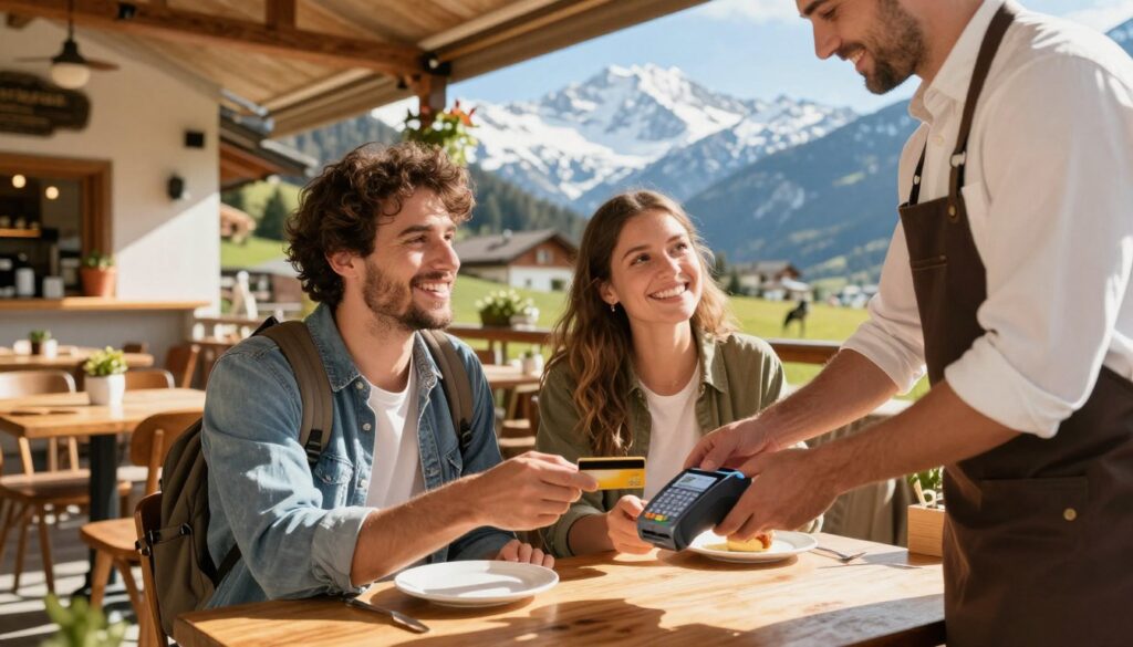 A vibrant travel scene depicting a couple at a picturesque Austrian café, happily using a credit card for payment. In the foreground, the couple is smiling as they interact with a friendly waiter, who is assisting them with a card payment terminal. They are dressed in casual travel attire, reflecting a cheerful vacation mood. The middle ground includes a cozy outdoor café setting with charming wooden tables and rustic decor, surrounded by snow-capped mountains and a clear blue sky in the background. The warm sunlight casts gentle shadows, creating a welcoming and lively atmosphere. Capture the essence of enjoying a stress-free payment experience abroad, emphasizing the joy of traveling without cash. The image should be bright, inviting, and evoke a sense of adventure.