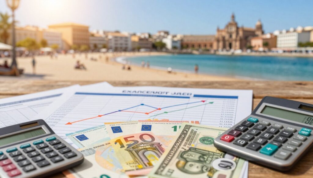 A vibrant travel scene depicting currency exchange and travel costs. In the foreground, a neatly arranged assortment of international currencies, including euros and dollars, surrounded by a calculator and travel documents. In the middle, an informative chart showing fluctuating exchange rates, with colorful arrows indicating trends. The background features a scenic view of a popular Spanish destination, like a sunlit beach or a famous landmark, adding a sense of wanderlust. Soft, warm lighting creates an inviting atmosphere, emphasizing the theme of planning and financial awareness for travelers. The angle captures the foreground elements clearly while providing a glimpse of the beautiful backdrop, illustrating the excitement and practicality of managing travel finances effectively.