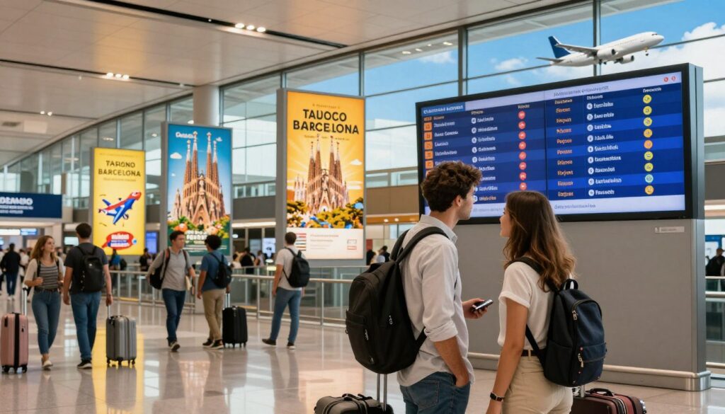 A vibrant travel scene showcasing a bustling airport terminal filled with diverse travelers. In the foreground, a young couple, dressed in smart casual attire, examines a large digital flight schedule displaying various destinations, including Barcelona. The middle ground highlights several colorful travel advertisements promoting affordable flights to Barcelona, with images of iconic landmarks like the Sagrada Familia and Park Güell. The background includes a large window showing an airplane taking off against a bright blue sky, symbolizing the excitement of travel. Soft, warm lighting fills the space, creating an inviting atmosphere. The angle captures the energy of the airport while emphasizing the focus on budget-friendly travel options to Barcelona.