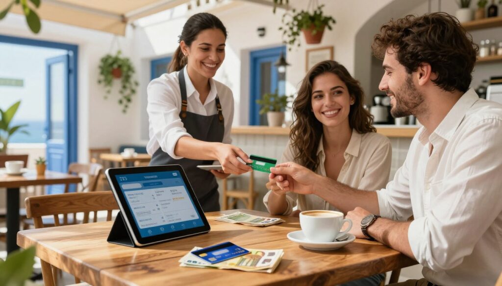 A vibrant, well-composed scene inside a cozy café in Greece, showcasing a modern payment setup on a wooden table. In the foreground, a credit card and a small stack of euro banknotes are elegantly placed beside a coffee cup and a tablet displaying a digital payment interface. In the middle ground, a friendly barista in a professional apron assists a couple, who are paying with a card and cash, smiling warmly. The background features charming Greek architecture, adorned with hanging plants and sunlit windows, allowing natural light to illuminate the scene. The overall mood is inviting and rich with a sense of hospitality, emphasizing the ease of making payments in a vacation setting. A vibrant, well-composed scene inside a cozy café in Greece, showcasing a modern payment setup on a wooden table. In the foreground, a credit card and a small stack of euro banknotes are elegantly placed beside a coffee cup and a tablet displaying a digital payment interface. In the middle ground, a friendly barista in a professional apron assists a couple, who are paying with a card and cash, smiling warmly. The background features charming Greek architecture, adorned with hanging plants and sunlit windows, allowing natural light to illuminate the scene. The overall mood is inviting and rich with a sense of hospitality, emphasizing the ease of making payments in a vacation setting.