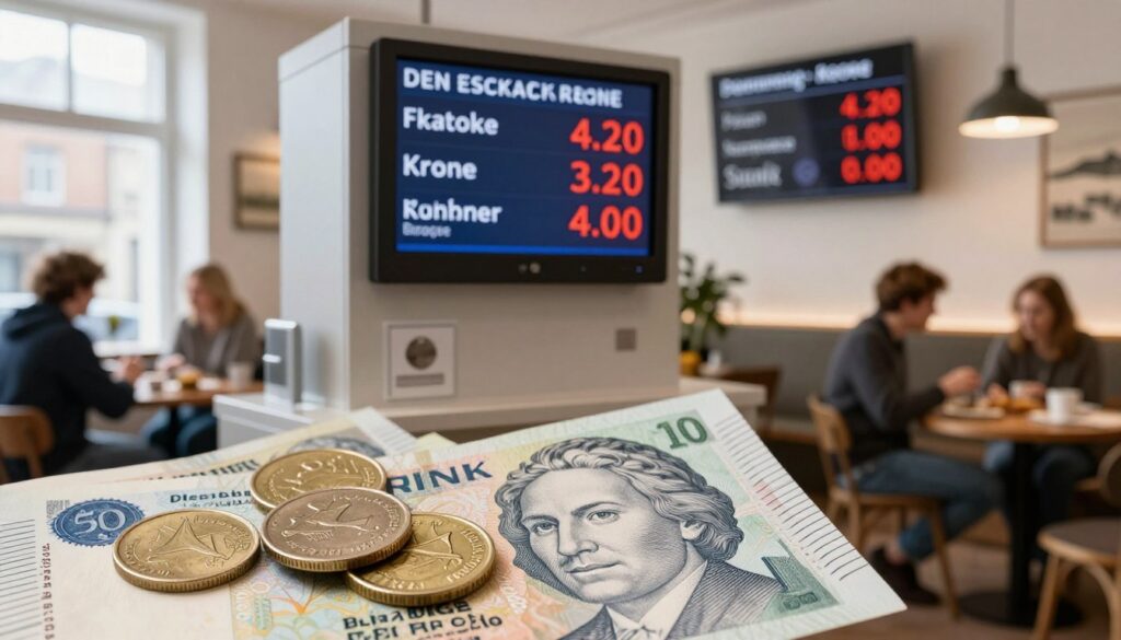 A visually engaging image illustrating the current exchange rate of the Danish Krone, featuring a close-up of freshly minted Danish coins and banknotes displayed prominently in the foreground. The middle ground showcases a modern currency exchange office with a digital display board showing live exchange rates, particularly highlighting the Danish Krone against other currencies, such as the Euro. In the background, a cozy Nordic-style café can be seen, with patrons casually enjoying their surroundings, subtly indicating the use of different currencies. The scene is bathed in warm, natural light coming through large windows, creating an inviting and informative atmosphere. The overall mood reflects professionalism and clarity, perfect for capturing the essence of currency exchange in Denmark.