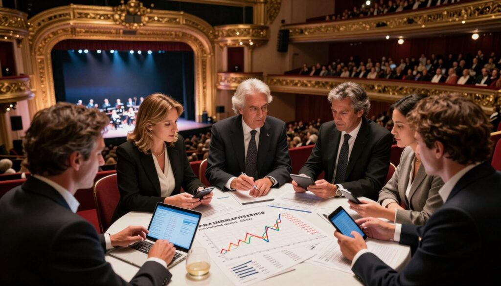 A visually engaging image representing the factors influencing concert ticket prices, specifically for Andrea Bocelli's performances. In the foreground, depict a diverse group of professionals in business attire discussing and analyzing ticket data on digital devices, surrounded by graphs and charts illustrating price fluctuations. In the middle ground, show a stylized concert hall with elegant architecture, hinting at a popular venue where Bocelli performs, with a subtle spotlight focused on the stage. The background features a vibrant audience, enhancing the atmosphere of anticipation and excitement. The scene is well-lit with warm, inviting tones, resembling a bustling concert environment, captured from a slightly elevated angle to convey a sense of depth and dynamism. A visually engaging image representing the factors influencing concert ticket prices, specifically for Andrea Bocelli's performances. In the foreground, depict a diverse group of professionals in business attire discussing and analyzing ticket data on digital devices, surrounded by graphs and charts illustrating price fluctuations. In the middle ground, show a stylized concert hall with elegant architecture, hinting at a popular venue where Bocelli performs, with a subtle spotlight focused on the stage. The background features a vibrant audience, enhancing the atmosphere of anticipation and excitement. The scene is well-lit with warm, inviting tones, resembling a bustling concert environment, captured from a slightly elevated angle to convey a sense of depth and dynamism.