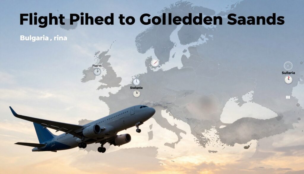 A visually engaging infographic comparing flight times from Poland to various holiday destinations, with a focus on Bulgaria's Golden Sands. In the foreground, a polished airplane silhouette takes off, symbolizing the journey. The middle section features a stylized map displaying major destinations like Greece, Spain, and Italy, each marked with clock icons indicating distinct flight durations, creating an informative contrast. The background showcases a radiant sky transitioning from dawn to midday, illuminating the scene with soft, warm light. The overall mood conveys excitement and anticipation for travel, with a sleek, modern design aesthetic, suitable for an informative article. Avoid any text overlays, ensuring a clean, professional look.