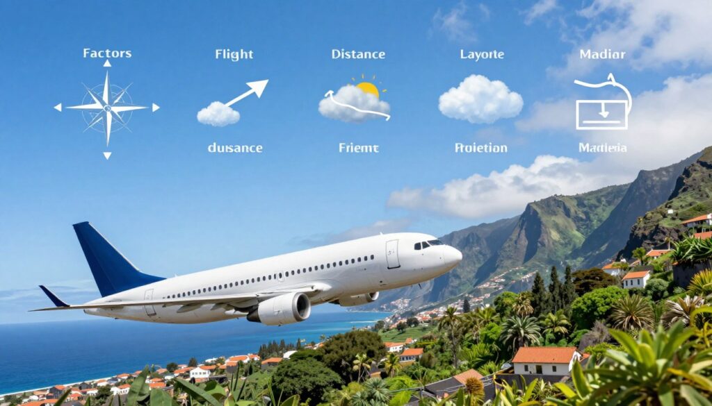 A visually engaging infographic illustrating the factors affecting flight duration to Madeira. In the foreground, a sleek modern airplane soaring through a bright blue sky, capturing the essence of air travel. In the middle, graphical elements like compass rose, wind direction arrows, and cloud formations representing weather conditions, along with icons for distance, flight path, and layovers. The background features a detailed landscape of Madeira, with lush greenery and rugged coastline, symbolizing the destination. The scene should be bright and sunny, with soft lighting to create an uplifting and informative mood. The angle should be slightly elevated to provide a comprehensive view, capturing the dynamic elements that influence flight times. A visually engaging infographic illustrating the factors affecting flight duration to Madeira. In the foreground, a sleek modern airplane soaring through a bright blue sky, capturing the essence of air travel. In the middle, graphical elements like compass rose, wind direction arrows, and cloud formations representing weather conditions, along with icons for distance, flight path, and layovers. The background features a detailed landscape of Madeira, with lush greenery and rugged coastline, symbolizing the destination. The scene should be bright and sunny, with soft lighting to create an uplifting and informative mood. The angle should be slightly elevated to provide a comprehensive view, capturing the dynamic elements that influence flight times.