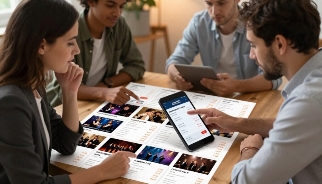 A visually engaging scene depicting a diverse group of individuals browsing concert ticket options on a digital device. In the foreground, two people, a woman in business-casual attire and a man in a smart shirt, analyze different ticket prices displayed on the screen, showcasing their focused expressions. The middle ground features an array of concert ticket images spread out on a wooden table, with labels indicating price ranges and sections. In the background, soft lighting creates a warm atmosphere, suggesting a cozy yet professional environment. The overall mood is one of excitement and thoughtful decision-making, reflecting the theme of budget-conscious selection for André Rieu's concert tickets. The perspective is slightly tilted down to highlight the interaction between the individuals and the ticket options.