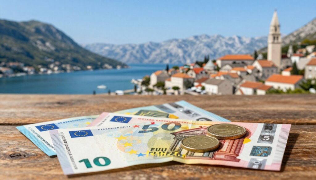A vivid illustration capturing the history of the euro as currency in Montenegro. In the foreground, a close-up of Montenegrin euro banknotes and coins elegantly arranged on a rustic wooden table, showcasing their vibrant colors and intricate designs. In the middle ground, depict a serene Montenegrin landscape, with dramatic mountains and the Adriatic Sea under a clear blue sky. In the background, include a subtle outline of the historic town of Kotor, emphasizing its cultural richness. Soft, natural lighting bathes the scene, creating an inviting and informative atmosphere. The composition should evoke a sense of finance and tourism, reflecting the importance of the euro in Montenegro's economy.