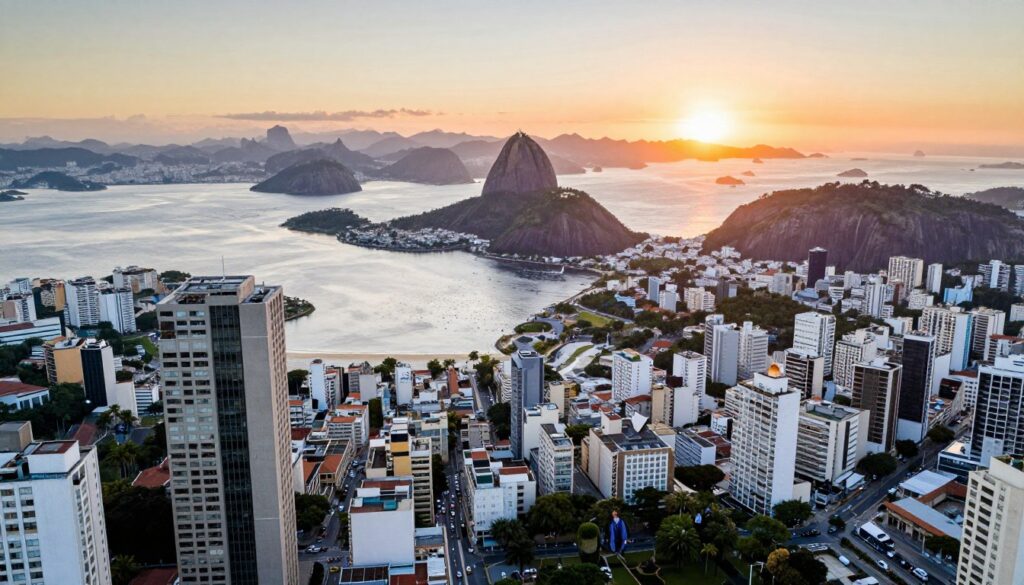An aerial view of the most important cities in Brazil, showcasing vibrant urban landscapes and iconic architecture. In the foreground, include a detailed depiction of São Paulo with its modern skyscrapers and bustling streets full of people in professional business attire. In the middle ground, show Rio de Janeiro with its famous beaches, Sugarloaf Mountain, and Christ the Redeemer statue, with the sun setting to cast a warm orange glow over the city. In the background, Lisbon in the distance merges with the Amazon rainforest, symbolizing Brazil's diverse geography. The atmosphere should be lively and colorful, capturing the cultural essence of these major cities, with clear, bright lighting reminiscent of a late afternoon. Use a wide-angle lens to encompass the expanse of Brazil’s urban beauty from above. An aerial view of the most important cities in Brazil, showcasing vibrant urban landscapes and iconic architecture. In the foreground, include a detailed depiction of São Paulo with its modern skyscrapers and bustling streets full of people in professional business attire. In the middle ground, show Rio de Janeiro with its famous beaches, Sugarloaf Mountain, and Christ the Redeemer statue, with the sun setting to cast a warm orange glow over the city. In the background, Lisbon in the distance merges with the Amazon rainforest, symbolizing Brazil's diverse geography. The atmosphere should be lively and colorful, capturing the cultural essence of these major cities, with clear, bright lighting reminiscent of a late afternoon. Use a wide-angle lens to encompass the expanse of Brazil’s urban beauty from above.