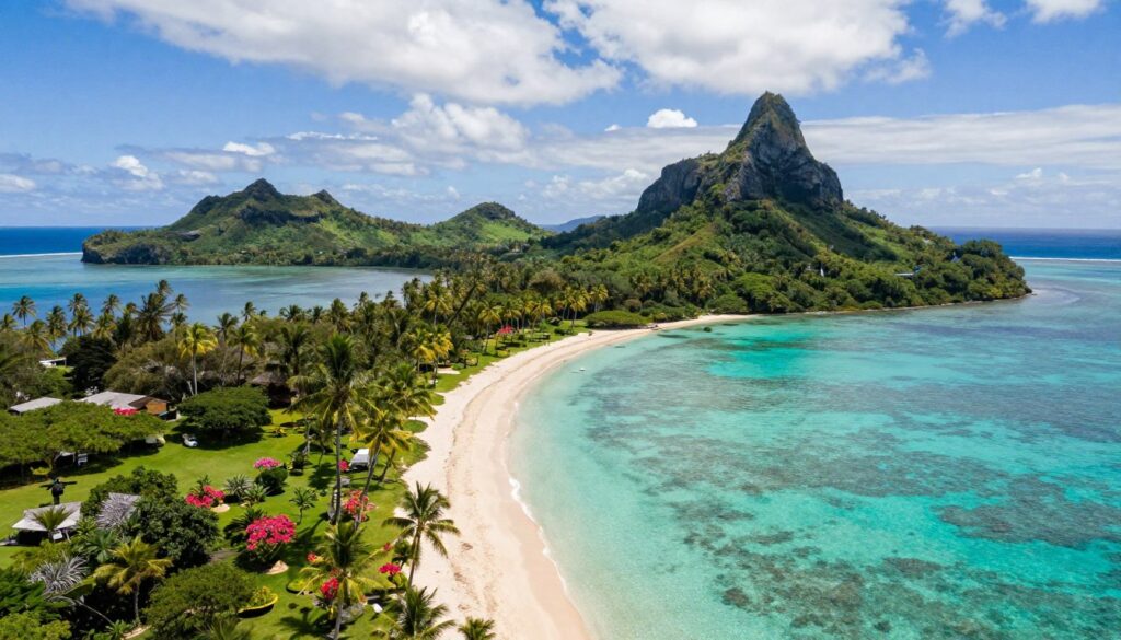 An aerial view of the stunning French Polynesian archipelagos, featuring lush green islands surrounded by shimmering turquoise waters. In the foreground, delicate white sandy beaches curve gently along the shore, dotted with vibrant tropical flowers. The middle ground showcases several volcanic islands, with steep cliffs and exotic palm trees swaying in a gentle breeze. The background reveals the vast expanse of the Pacific Ocean, sparkling under a bright blue sky with fluffy white clouds. The lighting is warm and inviting, reflecting the tranquility of this tropical paradise. Capture this idyllic scene from a slightly elevated angle to emphasize the natural beauty and serene atmosphere of French Polynesia. An aerial view of the stunning French Polynesian archipelagos, featuring lush green islands surrounded by shimmering turquoise waters. In the foreground, delicate white sandy beaches curve gently along the shore, dotted with vibrant tropical flowers. The middle ground showcases several volcanic islands, with steep cliffs and exotic palm trees swaying in a gentle breeze. The background reveals the vast expanse of the Pacific Ocean, sparkling under a bright blue sky with fluffy white clouds. The lighting is warm and inviting, reflecting the tranquility of this tropical paradise. Capture this idyllic scene from a slightly elevated angle to emphasize the natural beauty and serene atmosphere of French Polynesia.