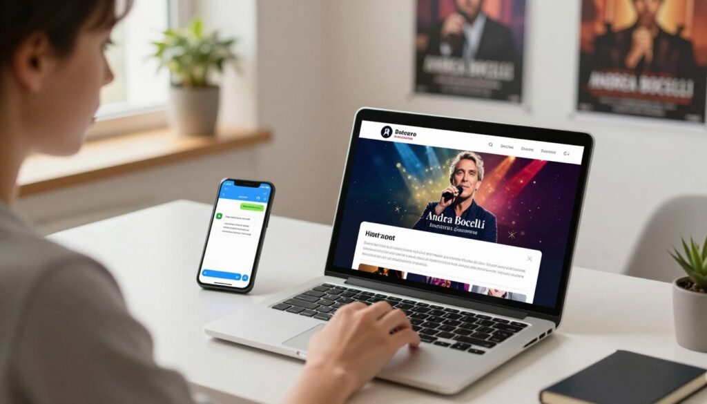 Create an image depicting a serene, cozy scene of a person safely purchasing a concert ticket online from a secondhand seller. In the foreground, show a focused young adult in casual attire seated at a modern desk, intently browsing a laptop screen displaying a vibrant ticket for Andrea Bocelli's concert. The middle ground features a soft-focused smartphone beside the laptop, showing a messaging app conversation confirming a ticket purchase. In the background, gently diffused warm light filters through a window, highlighting a potted plant and concert posters on the wall, conveying a sense of anticipation and security. The overall mood should be inviting and reassuring, emphasizing a safe and straightforward buying experience. Use a slightly elevated angle to capture the scene. Create an image depicting a serene, cozy scene of a person safely purchasing a concert ticket online from a secondhand seller. In the foreground, show a focused young adult in casual attire seated at a modern desk, intently browsing a laptop screen displaying a vibrant ticket for Andrea Bocelli's concert. The middle ground features a soft-focused smartphone beside the laptop, showing a messaging app conversation confirming a ticket purchase. In the background, gently diffused warm light filters through a window, highlighting a potted plant and concert posters on the wall, conveying a sense of anticipation and security. The overall mood should be inviting and reassuring, emphasizing a safe and straightforward buying experience. Use a slightly elevated angle to capture the scene.